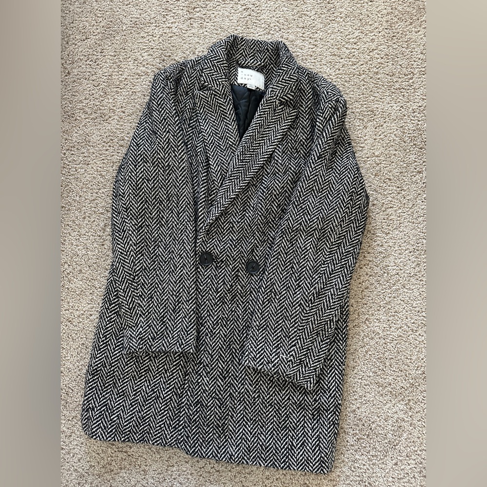 Oversized Black and White Herringbone Pea Coat